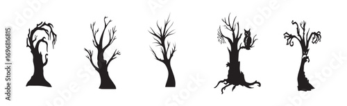 Collection of 5 gloomy halloween trees on white background - Vector illustration
