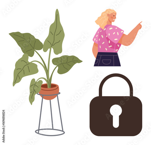 Woman gesturing forward, plant in modern stand, and lock icon. Ideal for communication, direction, security, nature, privacy growth self-expression. Simple flat metaphor