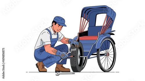 Artisan's Restoration: A diligent artisan, clad in work attire, meticulously repairs a traditional rickshaw, showcasing dedication to craft and the preservation of heritage.