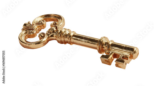 Antique golden ornate key design element isolated on transparent background