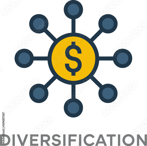 Central dollar symbol connected to multiple nodes, illustrating financial diversification and investment.