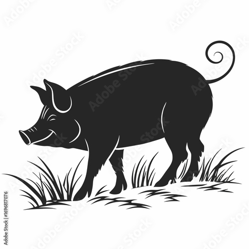 Black silhouette of a pig standing in grass on a white background swine animal