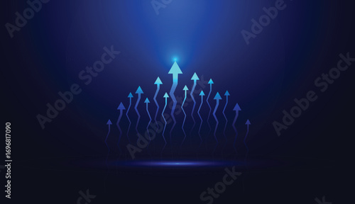 Vector arrow up graph chart business growth on blue dark background. upward arrow graph trading stock finance increase. investment strategy to success vector illustration digital technology.