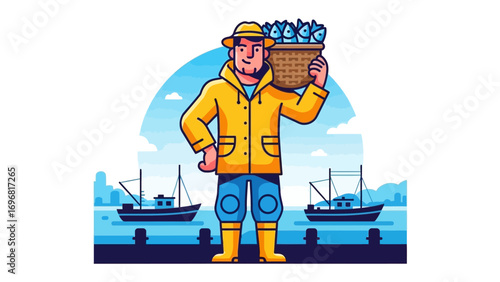 Fisherman's Bounty: A cheerful fisherman, a symbol of the sea and the coast, joyfully carries a basket brimming with fresh fish against a backdrop of nautical charm. 