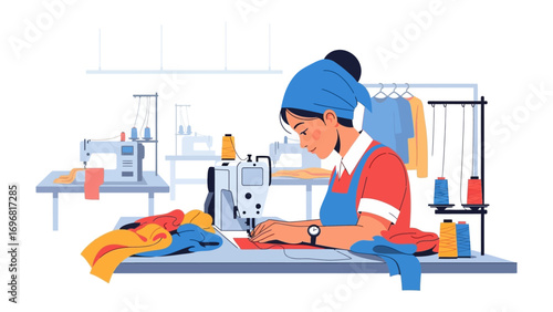 Crafting Creations: An illustrator captures the essence of a female dressmaker focused on intricate stitching, transforming fabric into fashion with a seamless combination of style and skill.