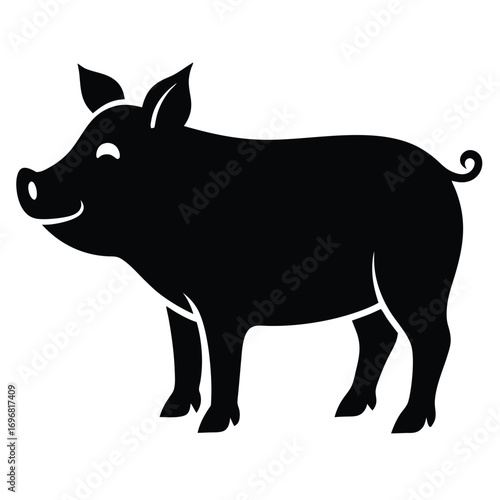 Black Silhouette Of A Pig Standing On A White Background animal