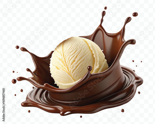 delicious vanilla Ice cream Into crown  chocolate sauce splash isolated on transparent background