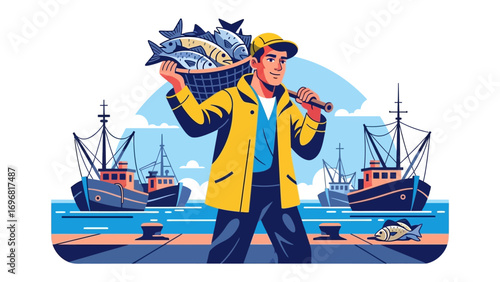 Fisherman's Bounty: A vibrant illustration showcases a fisherman triumphantly bearing a basket overflowing with freshly caught fish, with fishing boats in the backdrop.