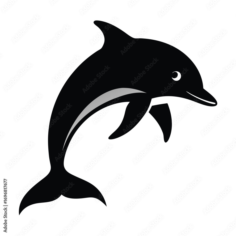 Fototapeta premium Black silhouette of a leaping dolphin with a grey wave detail on white background jumping animal