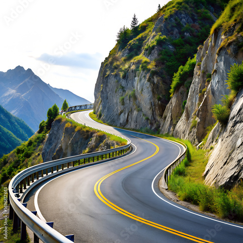Mountain road with sharp curves and safety barriers, isolated PNG