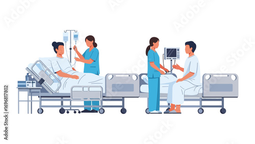 Hospital Scene of Patient Care: Professional nurses and doctors diligently attend to patients in a hospital environment, showcasing a sterile and medical focus. 