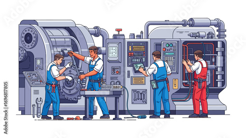 Industrial Assembly: Meticulous teamwork and precision converge as skilled workers meticulously assemble and maintain intricate machinery in a state-of-the-art industrial facility.