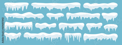 Collection of cartoon snow caps and icicles in a simple, flat design. Set with various frozen snow and ice elements, perfect for decorating roofs, text, or frames for a winter theme