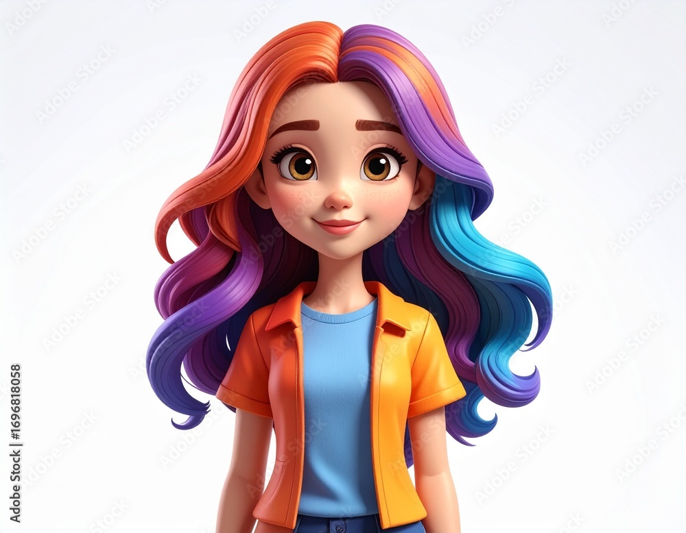Obraz premium Joyful cartoon girl with vibrant, colorful hair and a friendly smile, radiating youthful energy.