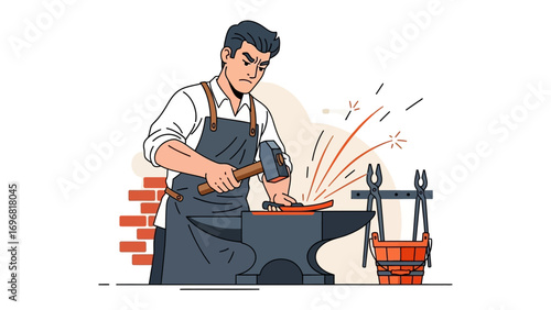 Forging Artistry: A skilled artisan, his focused gaze fixed on the anvil, meticulously shapes molten metal with hammer and precision, showcasing the timeless craft of the forge. 