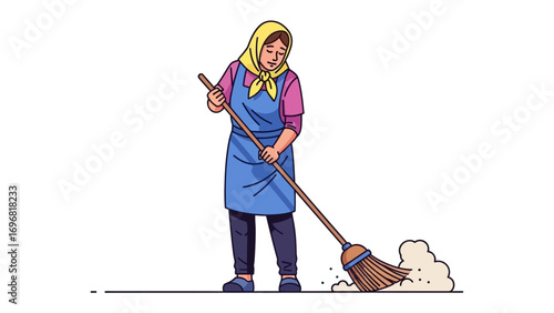 Cleaning with Grace: A woman gracefully sweeps with a broom, diligently clearing the way, showing a dedication to purity. 