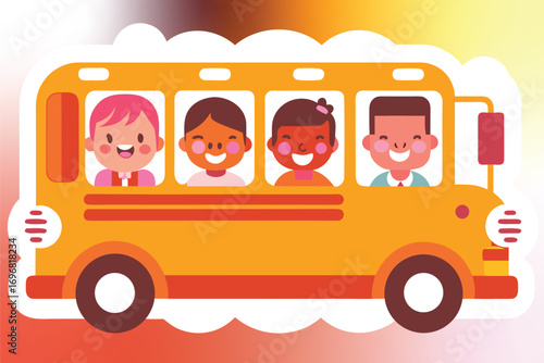 Happy children riding yellow school bus kids