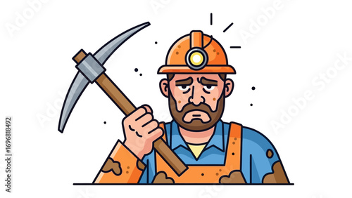 Weary Miner: A determined miner, weary from his labor, stands with pickaxe in hand, showcasing the daily realities of hard work and dedication.
