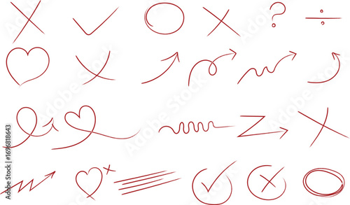 Vector art of collection of handdrawn red sketch elements including hearts, checkmarks, crosses, question marks, arrows, and scribbles