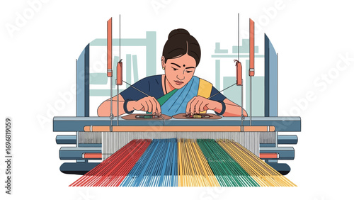Weaving artistry: A focused artisan skillfully operates a traditional loom, weaving colorful threads to create a vibrant textile, demonstrating craftsmanship and cultural heritage.