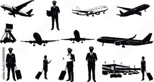 Airplane silhouettes, commercial jet, pilot crew, airport staff, air travel vector, aviation elements, plane takeoff, flight concept, airport scene illustration