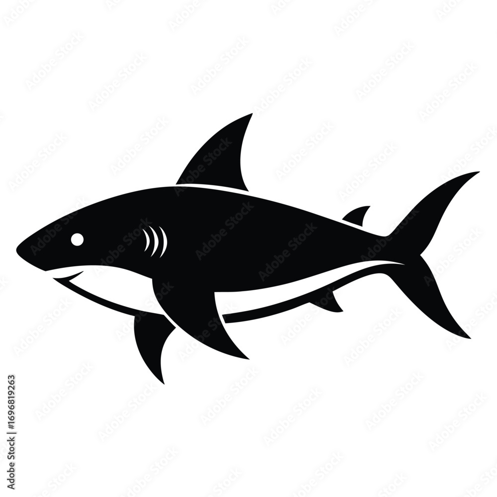 Fototapeta premium Black silhouette of a shark with its mouth open on a white background animal ocean