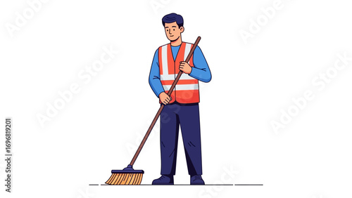 Street Sweeper at Work: An illustrated view of a diligent street sweeper, adorned in high-visibility vest, focused on his task. The scene evokes a sense of order, cleanliness.