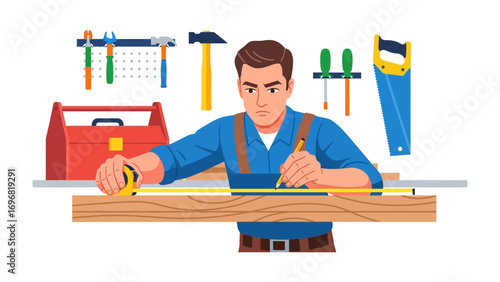 Craftsman at Work: A skilled craftsman diligently measures and marks a piece of wood in his workshop, surrounded by his tools. Highlighting the focus and precision required in the trade.