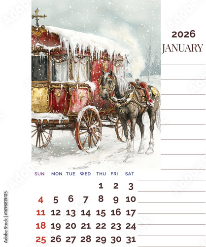 The image is a 2026 January calendar page featuring an illustration of a horse-drawn ornate carriage covered in snow and icicles, creating a festive winter atmosphere.