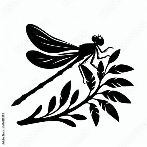 Silhouette of a delicate dragonfly perched on a twig with leaves nature insect art