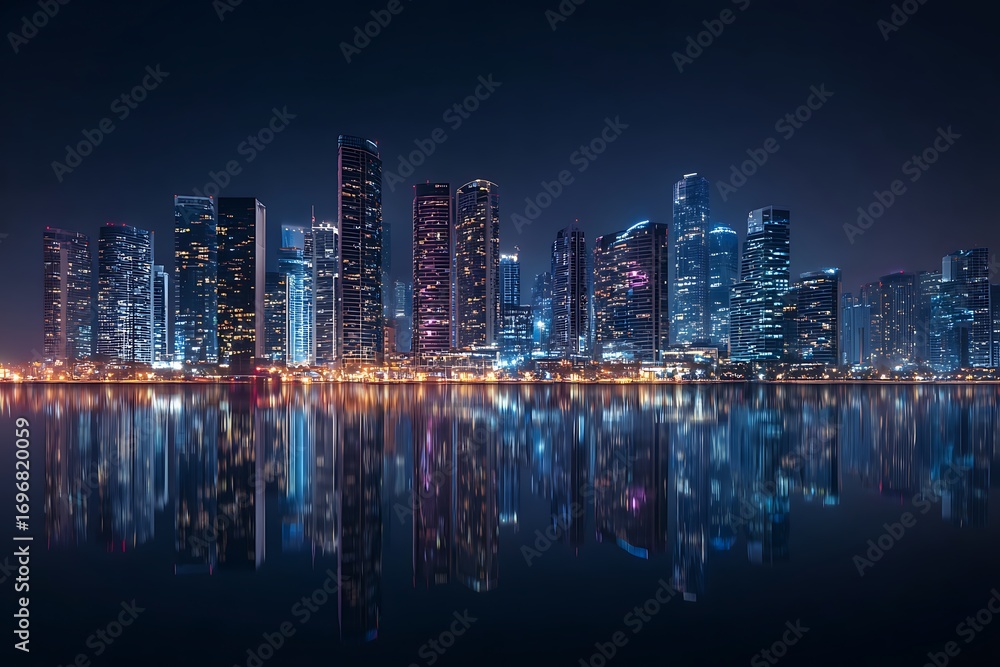 Fototapeta premium Stunning modern city skyline illuminated at night with vibrant reflections shimmering on calm water surface
