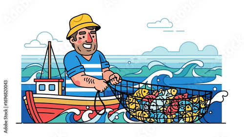 Fishing Triumph: An illustration depicts a seasoned fisherman, his vessel afloat on the waves, gleefully hauling in a bountiful net bursting with a colorful catch of fish.
