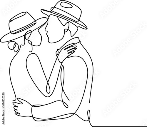 Embrace of a couple in vintage hats, captured in a single continuous line drawing