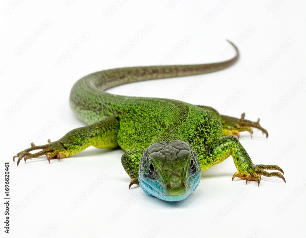 Naklejka premium Vibrant green lizard with striking blue throat against a clean white background