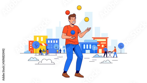 Adept Performer Juggling Spheres: A vibrant illustration showcasing a skilled individual masterfully juggling colorful spheres against an urban backdrop, embodying dexterity, entertainment.