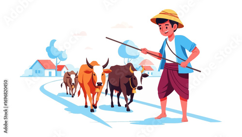 Farmer Leading Cattle: A vibrant illustration depicts a farmer leading a small herd of cattle along a rural road, with houses in the background. This artwork captures the charm of rural life.