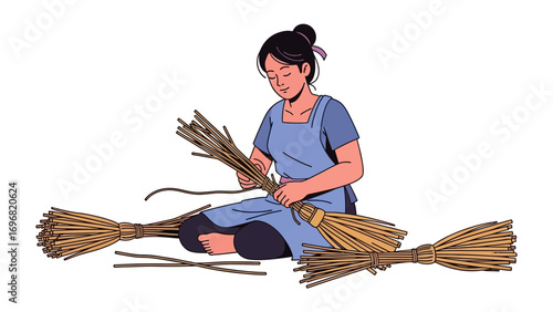 Crafting Tradition: An artisan, deeply engrossed in the creation of a traditional broom, exemplifies the meticulous skill and timelessness of craftsmanship. 