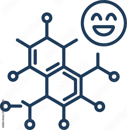 Joyful molecular structure with happy face symbol, representing positive chemical reactions or scientific discovery.