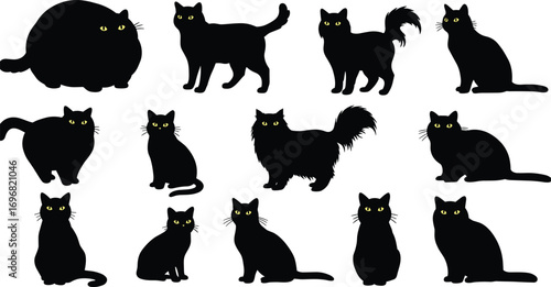 Black cat silhouettes collection, cute feline illustrations, domestic pet poses, Halloween spooky animal icons, cartoon vector clipart, adorable kitty artwork