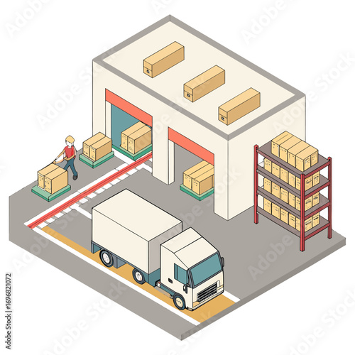 Isometric 3D view of a modern factory and warehouse building vector illustration