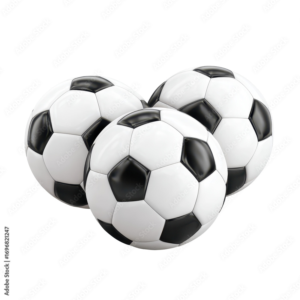 Obraz premium Three soccer balls arranged, isolated on transparent background