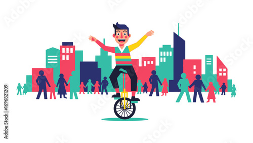 City Acrobat: A cheerful acrobat rides a unicycle, balancing against a vibrant city silhouette, his colorful attire adding a playful touch to the urban scene.