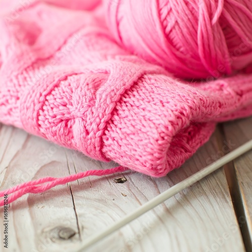 A close-up view of a vibrant pink knitted garment, resting on a light-colored wooden surface, with a ball of yarn and knitting needles visible.