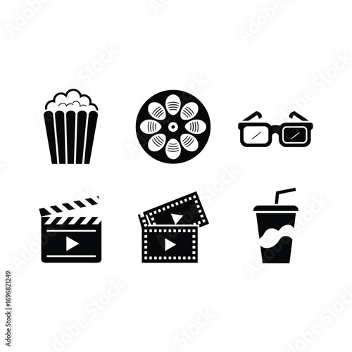 Collection of movie icons popcorn film reel 3d glasses clapboard tickets and drink