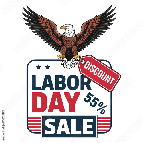 Labor day sale badge vector with American eagle and discount price tag in black and white isolated design