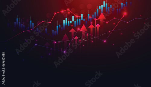 Stock market candlestick chart with rad arrow isolated line background.