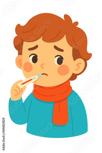 Sick boy with thermometer looking concerned while wearing scarf child with thermometer