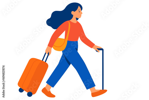 Young woman walking with suitcase on transparent background woman walking with luggage