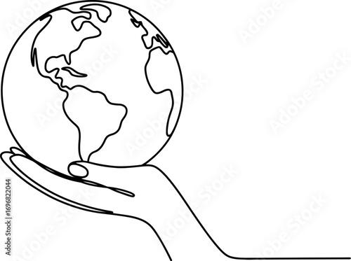 Gentle hand cradles the planet, symbolizing care and global responsibility in a clean, minimalist design.