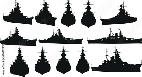 Black silhouette illustration of battleship and warship, navy military vessel vector design, fleet ship shadow art, combat marine graphic icon